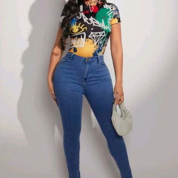 - Tops - Multi-Color Graphic Mock Neck Bodysuit